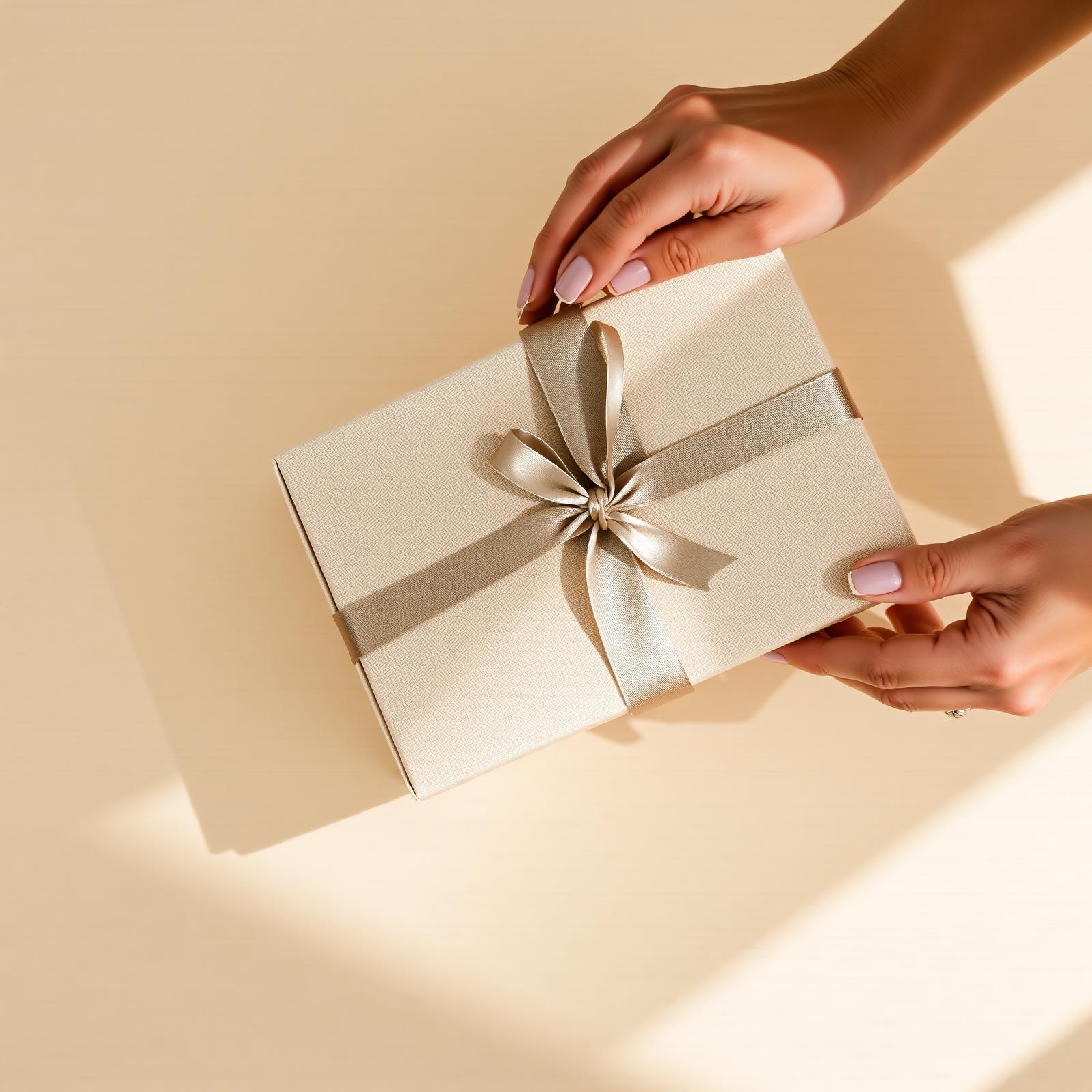 A linen-bound gift box opening on a warm wood table